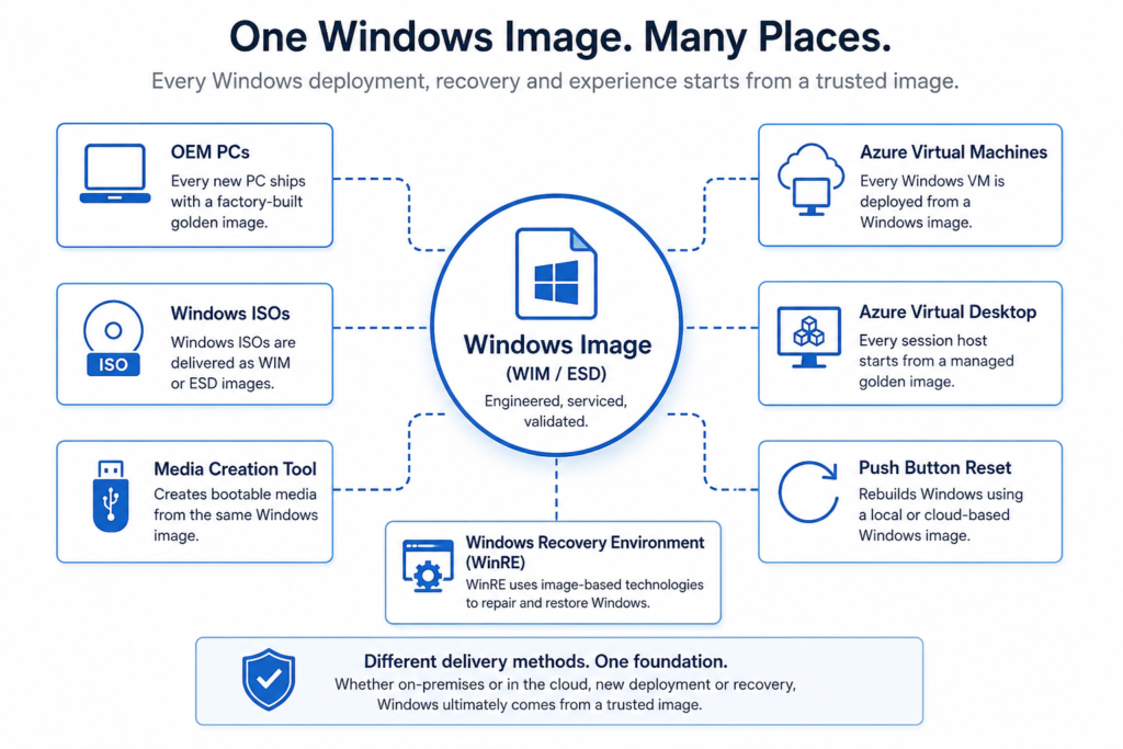 Diagram showing how Windows images are used by OEMs, Azure Virtual Desktop, Azure Virtual Machines, WinRE, Push Button Reset and Windows installation media.
